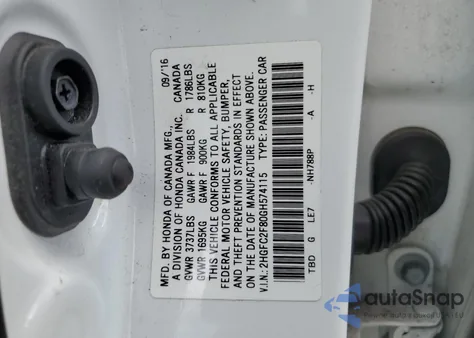 2016 Honda Civic Ex z USA, uszkodzony, nr VIN 2HGFC2F80GH574115